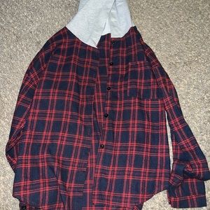 Red and navy blue hooded flannel